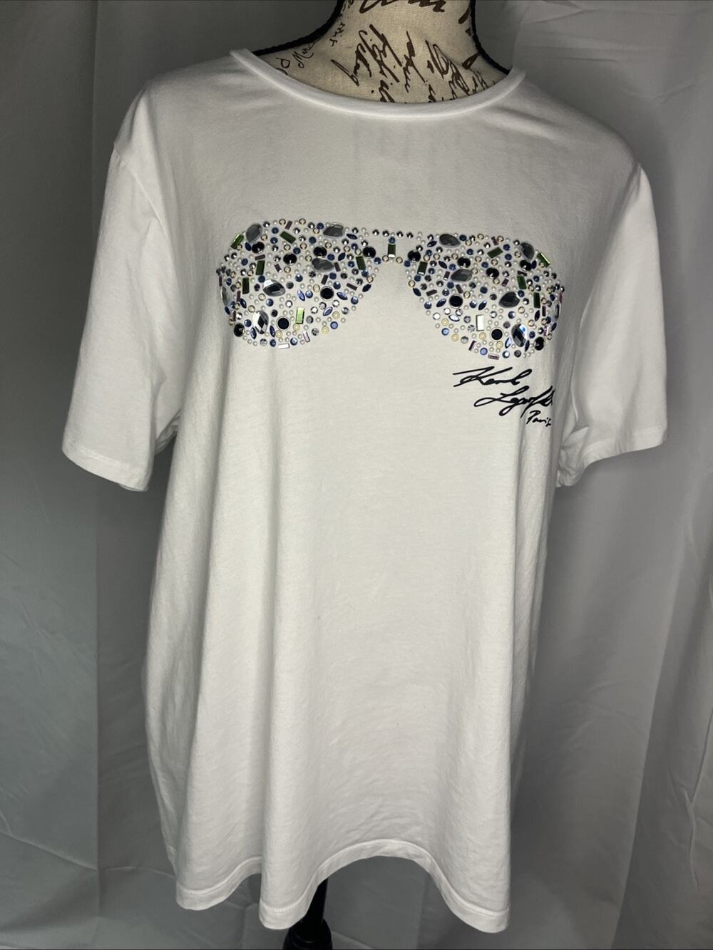 Karl Lagerfeld Paris White T-Shirt Rhinestone Glasses, Woman Size 1X